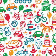 Childlike drawing of various toys and party items, bright colors on white background
