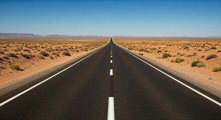 Endless Desert Road Under Clear Blue Sky, Travel and Solitude Concept
