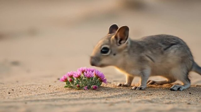 Desert Jerboa Sniffs Pink Flowers in Sandy Landscape - Wildlife Close-Up
