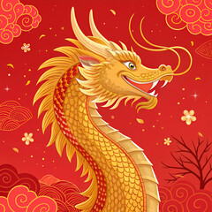 A golden Chinese dragon with red accents on a red decorative background
