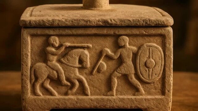 Iberian Funeral Urn Stone Carving Warriors Combat Relief