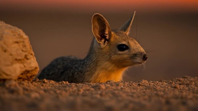 Desert Long-Eared Jerboa Peeking Out From Burrow at Sunset