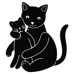 Heartwarming Illustration of a Cat Comforting a Smaller Cat Friend An Adorable Display of Affection and Companionship in Black and White