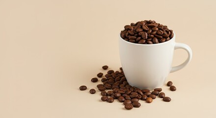 Overflowing Coffee Mug with Beans on Beige Surface, Rustic Morning Mood