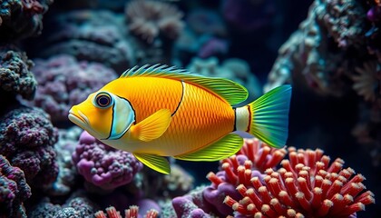 Obraz premium Close-up of an oriental sweetlips fish swimming amongst vibrant coral, swimming, marine life