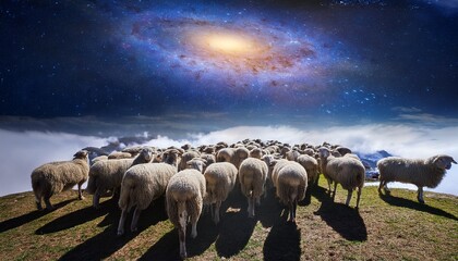 celestial flock a cosmic gathering of sheep encircling a nebula in a dreamscape of clouds and starlight