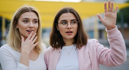 Two young women interact outdoors