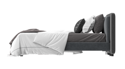 Modern upholstered bed with gray fabric and white bedding. The bed is shown in profile view, showcasing its clean lines and comfortable design. 