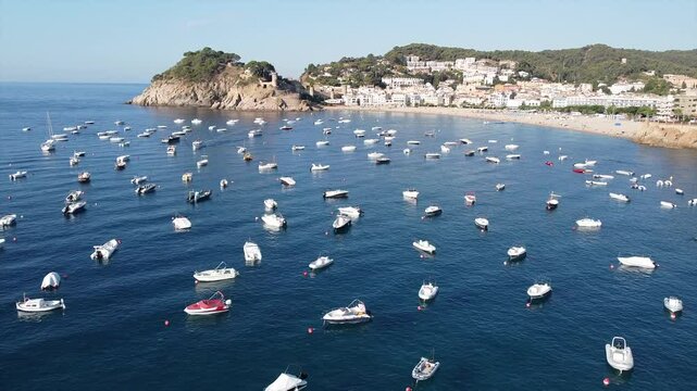 Aerial view of boats in the bay of Tossa de Mar, Catalonia, Spain