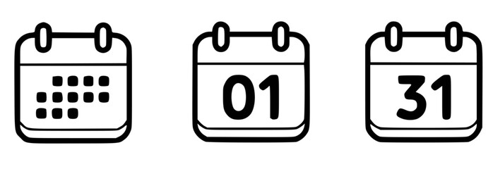 Black calendar icons showing dates and grid vector