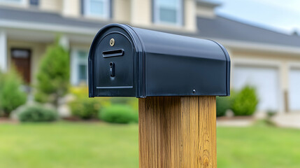 Modern black mailbox on a wooden post in front of a suburban home.  Perfect for real estate, home, or communication concepts.