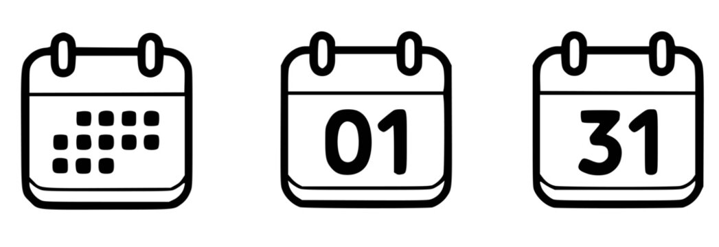 Black calendar icons showing dates and grid vector