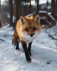 Fototapeta premium Red Fox Walking Through Snowy Forest: White Background