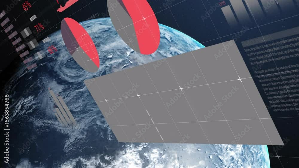 Poster starting rotating earth view showing bar graphs, pie charts and gauge arcs assembling display