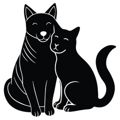 Charming Black and White Illustration of an Affectionate Dog and Cat Embracing Each Other in a Heartwarming Display of Friendship