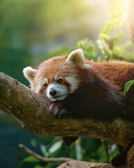 Fototapeta premium Red Panda Relaxing on Lush Tree Branch