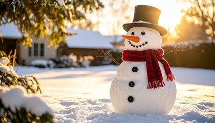 Obraz premium Charming Snowman in Snowy Landscape with Hat and Scarf