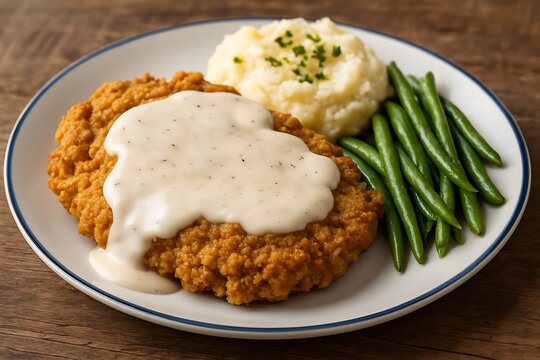 Crispy chicken fried steak with creamy gravy mashed potatoes and green beans - Powered by Adobe