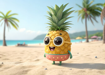 A cute cartoon pineapple character with sunglasses stands on a sunny beach