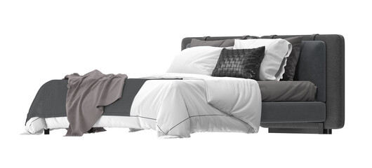 Modern dark gray bed with white and gray bedding. The bed is neatly made with pillows and a...