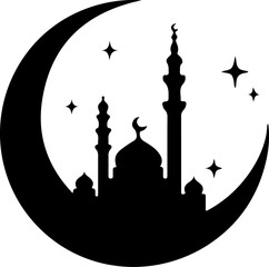 Crescent moon mosque silhouette with stars islam