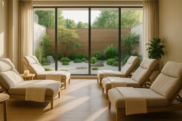  a tranquil spa lounge filled with plush beige recliners, soft textiles, and minimalist decor. The space is bathed in gentle natural daylight from large windows that frame a peaceful Zen garden 