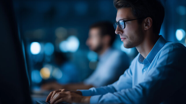 Innovative Asian Software Engineers Solving AI Algorithm Issues at Night