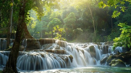 Fototapeta premium Panoramic Beautiful Deep Forest Waterfall in Thailand: Tropical Jungle Cascades, Scenic Natural Wonders, and Thai Wilderness Landscapes