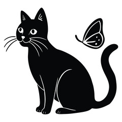 Whimsical Black Cat Illustration with Butterfly Detailed and Playful Design for Prints and Digital Media