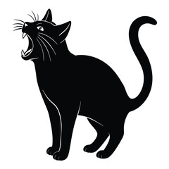 A Silhouette of a Frightened Black Cat with Arched Back and Curled Tail Hissing and Showing Teeth in Fear
