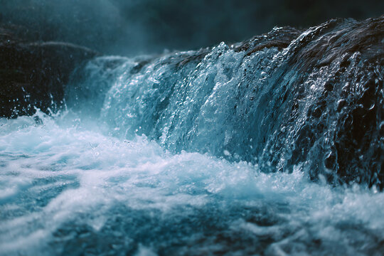 Cascading turquoise water over dark rocks with white foam waterfall cascade