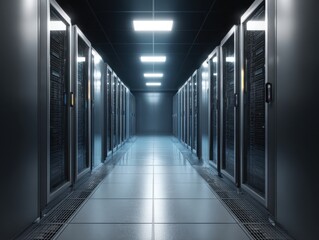 Modern data center aisle with rows of illuminated server racks and a clean tiled floor