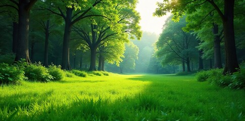 Fototapeta premium Verdant Forest Landscape Sunlight Dappled Grassland with Tall Trees and Lush Vegetation