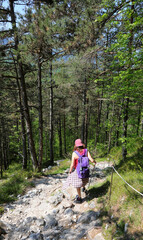 Fototapeta premium young woman carrying her backpack down the steep mountain path in summer