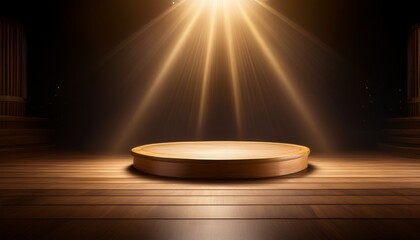 empty circular stepped wooden podium illuminated by soft golden spotlights in a dark ambient space evoking anticipation and focus