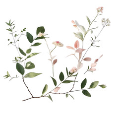 Botanical illustration of assorted flowers and greenery for wall art and nature inspired design projects on transparent background