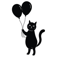 Silhouette of a Cat Standing and Holding Two Balloons on a White Background, Adorable and Playful Black and White Illustration