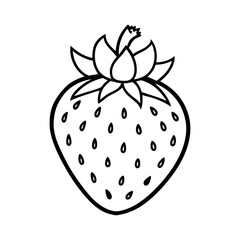 Simple black and white line drawing of a strawberry with seeds and leaves isolated on white background isolated on transparent background