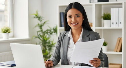 Confident professional woman working from home with laptop and paperwork smiling warmly