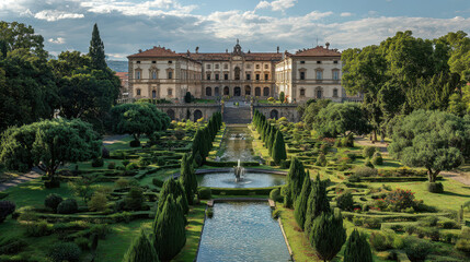 Renaissance palace with gardens and symmetrical composition