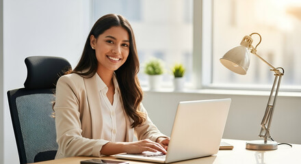 Confident young professional working on her computer in a modern office setting