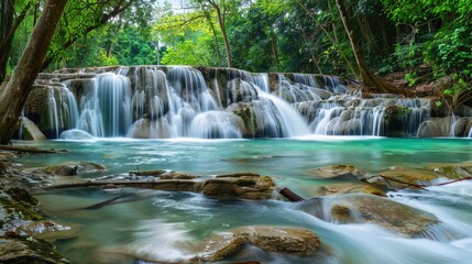 Obraz premium Panoramic Beautiful Deep Forest Waterfall in Thailand: Tropical Jungle Cascades, Scenic Natural Wonders, and Thai Wilderness Landscapes
