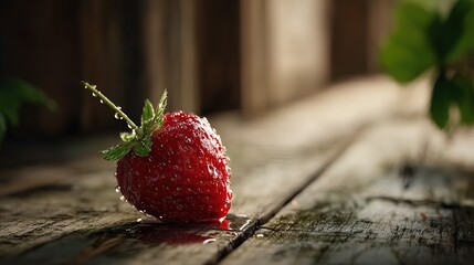 A single juicy strawberry rests on weathered wood a delightful summer treat glistening with dew drops
