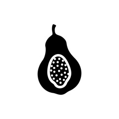 Stylized black silhouette of a halved papaya fruit with seeds isolated on white background isolated on transparent background