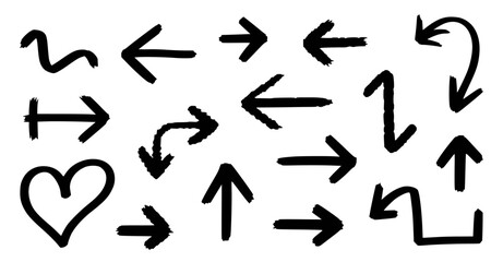 Black hand drawn arrows and heart symbols brush stroke