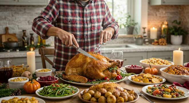 Man carving turkey at festive dinner table with side dishes