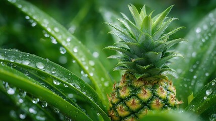Fototapeta premium Lush Green Pineapple Plant with Dew Drops A Vibrant Tropical Fruit Growing in Nature