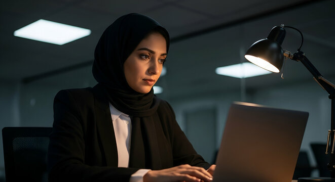 Focused muslim professional woman in hijab working late on laptop in office diligently achieving