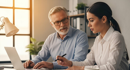 Mentorship in action: Experienced businessman guiding young professional with laptop work