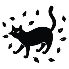 Silhouette of a Black Cat Walking Amongst Fallen Leaves A Whimsical Autumnal Scene Depicting Fall Season